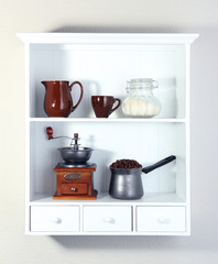 Coffee mill and coffee pot, cup and glass jar with sugar