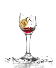 Broken wineglass and dry flower isolated on white