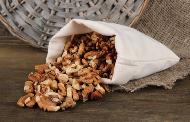 Nuts in sack on wooden background