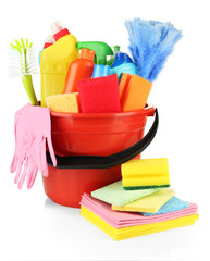 Cleaning items in bucket isolated on white