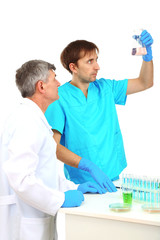 Physician and assayer during research isolated on white