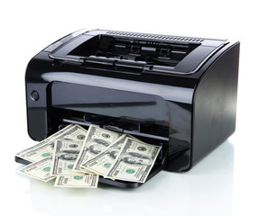 Printer printing fake dollar bills isolated on white