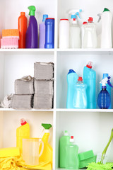 Shelves in pantry with  cleaners for home close-up