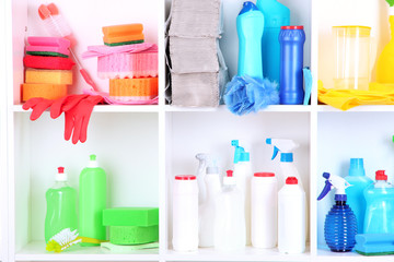 Shelves in pantry with cleaners for home close-up
