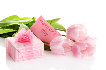 Beautiful bouquet of pink tulips and gift for Mother's Day,