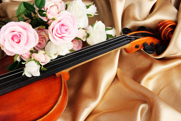 Classical violin on fabric background