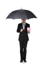 Business Man with an umbrella and piggy bank