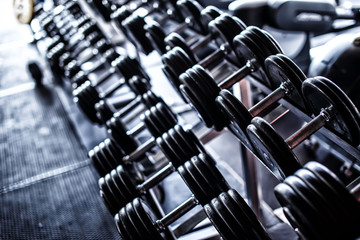 Two rows of iron dumbbells