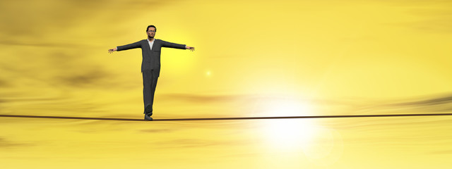 A businessman in crisis walking in balance