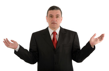Aged businessman making various gestures isolated on white backg