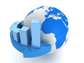 Naklejka premium blue earth globe with grow bar chart on arrow around