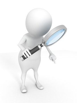 3d white man examines through a magnifying glass
