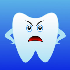 an angry tooth on a blue background
