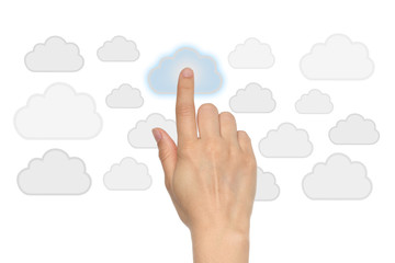 Cloud computing concept with woman hand on white background.