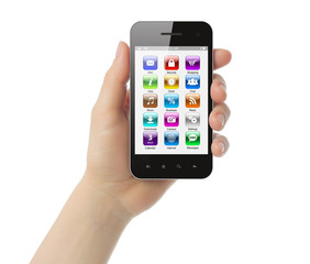 Woman hand holds smart phone with icons on white background.
