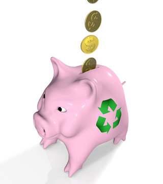 coins go into a recycling pink piggy bank
