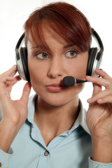 Fototapeta premium Beautiful customer support on white background