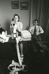 Fototapeta na wymiar Accountant secretary retro woman vintage office