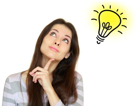 Thinking woman with idea bulb lamp above isolated on white