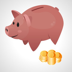 Happy piggy bank and coins