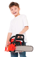 Naklejka premium Boy with chainsaw