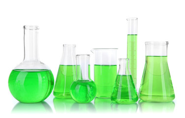 Test-tubes with green liquid isolated on white
