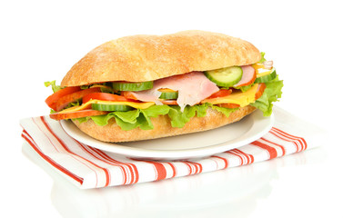 Fresh and tasty sandwich with ham and vegetables isolated