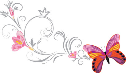 Obraz na płótnie Canvas Bright butterfly with a ornamental blooming sprig