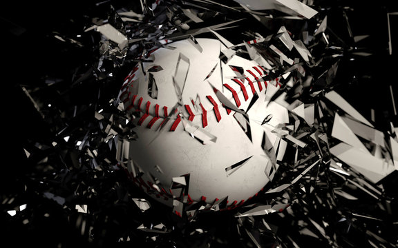 Baseball Breaking Glass Against A Black Background.