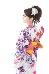 Beautiful asian kimono woman on white background