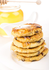 Delightful cheese pancakes on the white