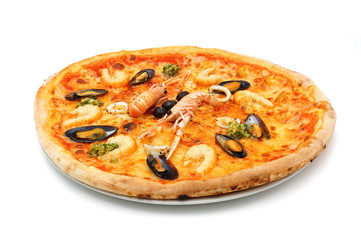 big italian pizza with seafood and norway lobster