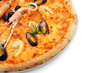 close up of big italian pizza with seafood and norway lobster