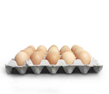  brown eggs in egg box on white background