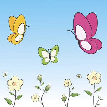 Cartoon Butterflies and Flowers