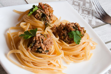 Italian pasta with beef in tomato sauce
