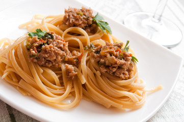 Italian pasta with beef in tomato sauce