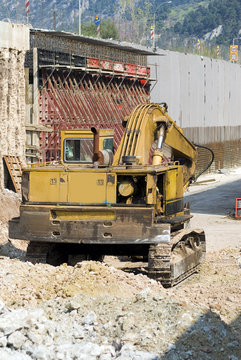 yellow buldozer in road bridge construction