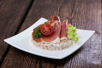 Rice Cake with topping on a plate