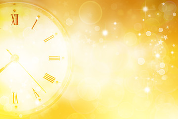 Clock and yellow abstract background. New year