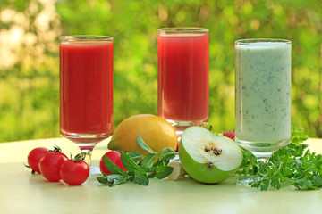 Three different smoothies made of fruits and vegetables