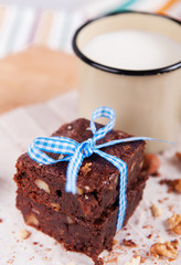 two brownies and cup of milk