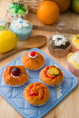 various fruit tarts and breads shot with various backgrounds