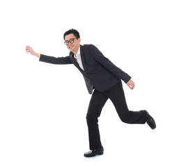 chinese asian business success male jumping in joy with isolated