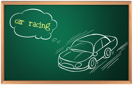 A blackboard with a drawing of a car racing
