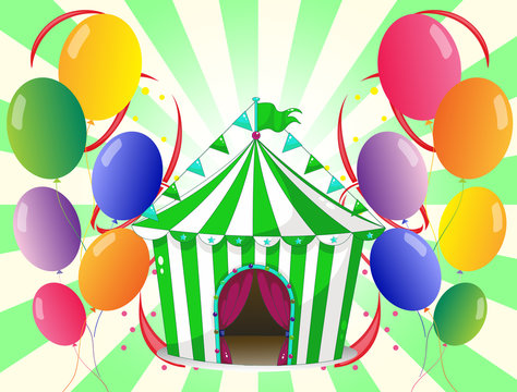 A green circus tent at the center of the colorful balloons