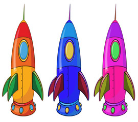 Three colorful spaceships