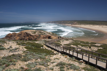 Wooden walkway at Bordeira Beach, Algarve,  Portugal