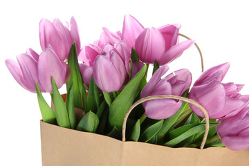Beautiful bouquet of purple tulips in paper bag, isolated