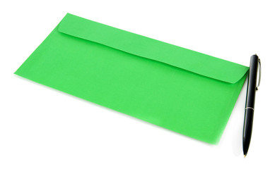 Envelope with pen isolated on white